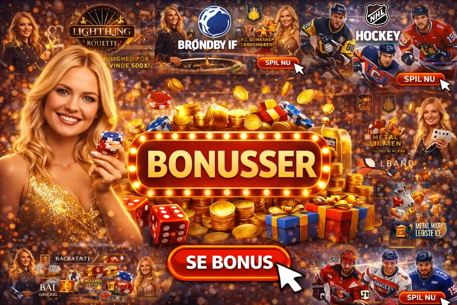 Smilende dealere og spilleautomater med teksten Bonusser og Se Bonus knap