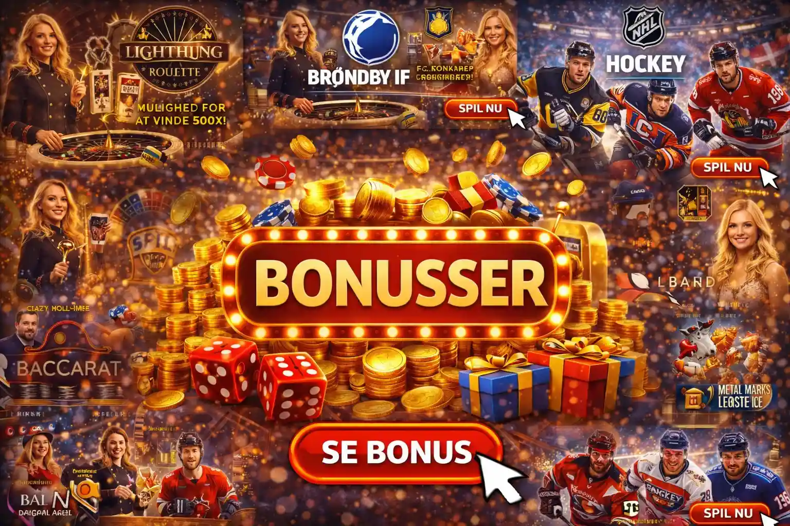 Ishockeyspillere og dealere med logoer for NHL og Brøndby IF og teksten Spil Nu