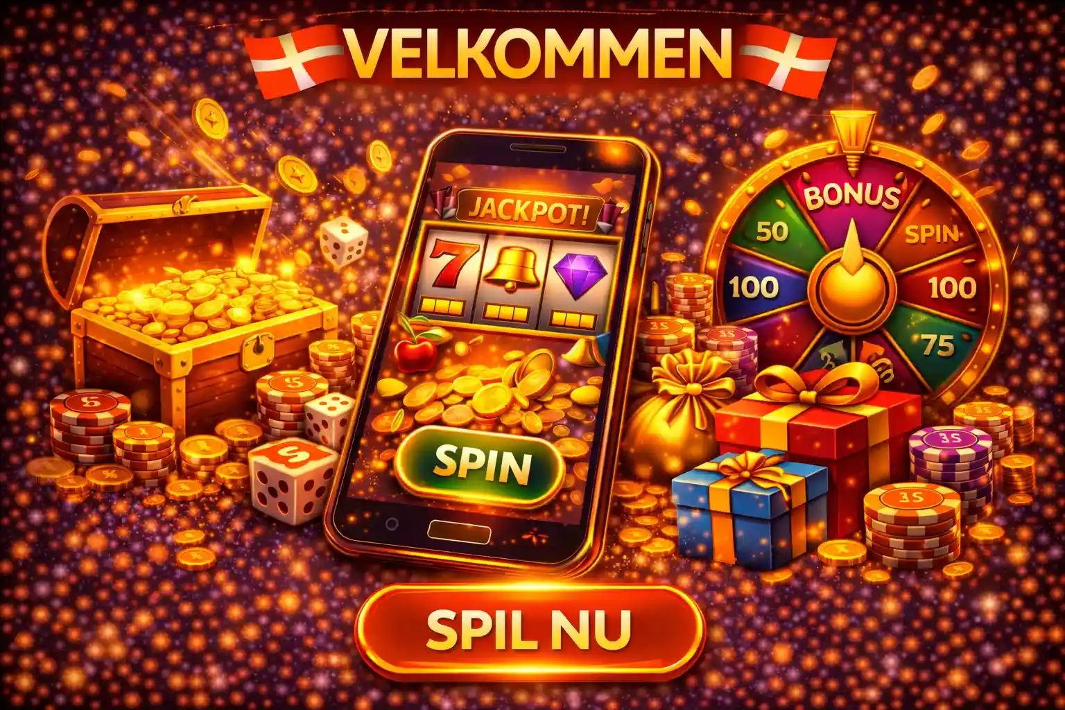 Smartphone med jackpot spilleautomat og roulettehjul i baggrunden med teksten Spil Nu