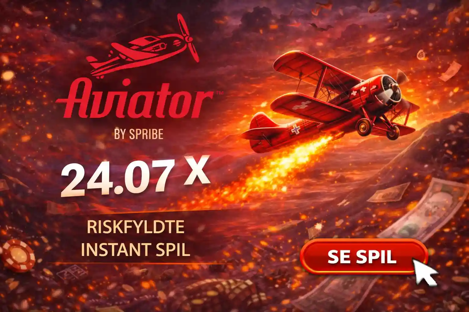 Rødt fly i spillet Aviator med en høj multiplikator på 24.07x