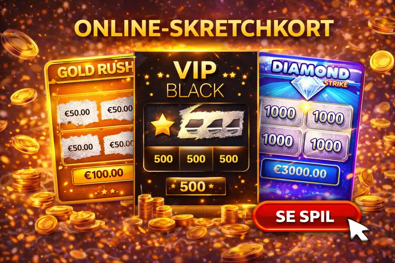 Tre online skrabelodder med guld, diamanter og teksten Se Spil