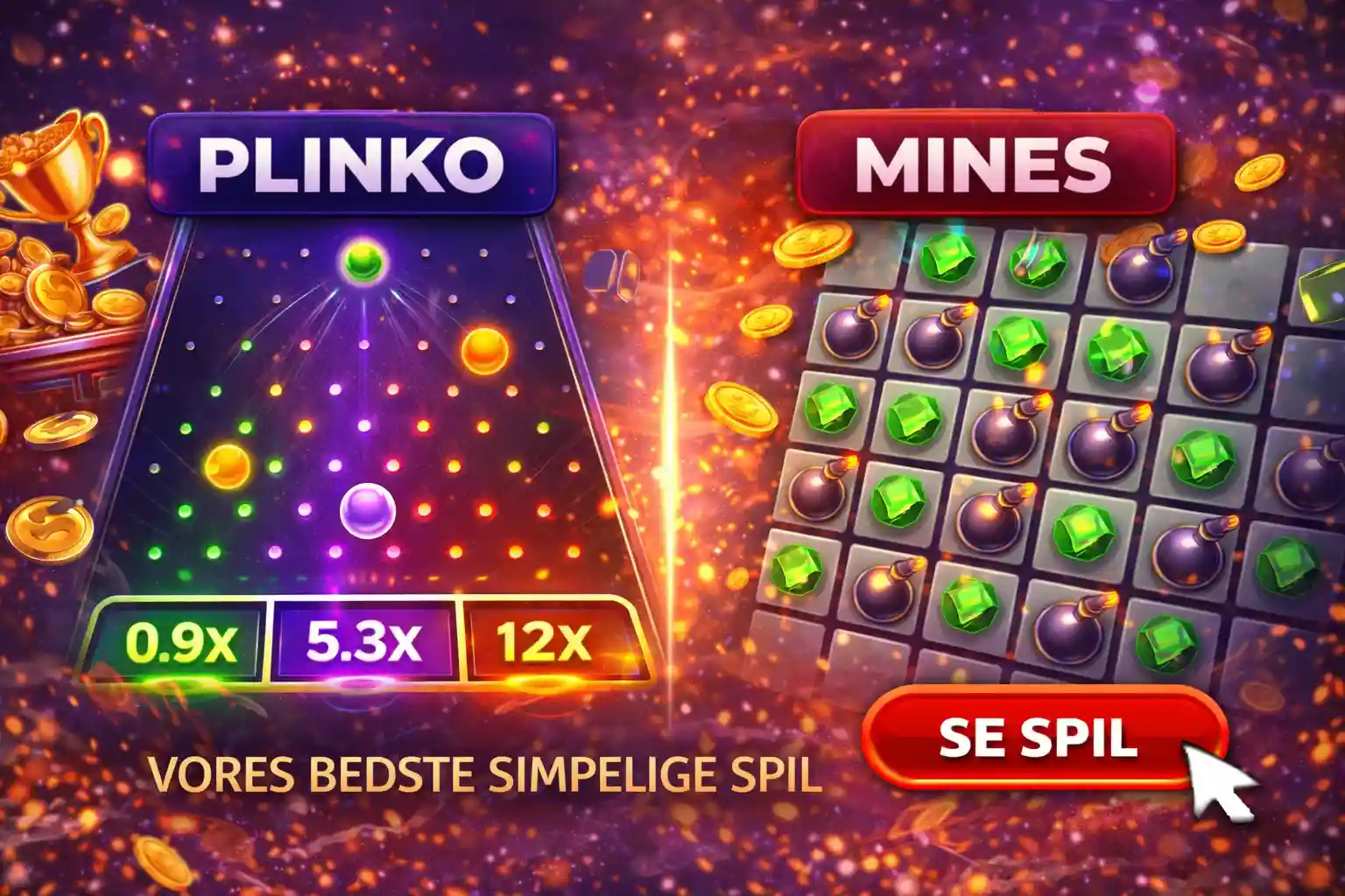Spilleplader for Plinko og Mines med farverige bolde og diamanter