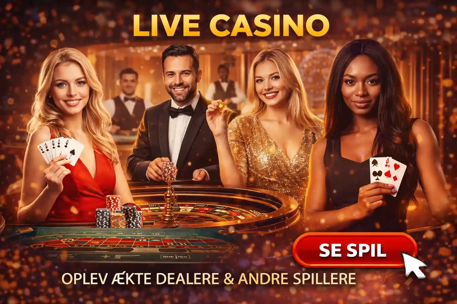 Mandlige og kvindelige dealere ved roulette og blackjack borde byder velkommen