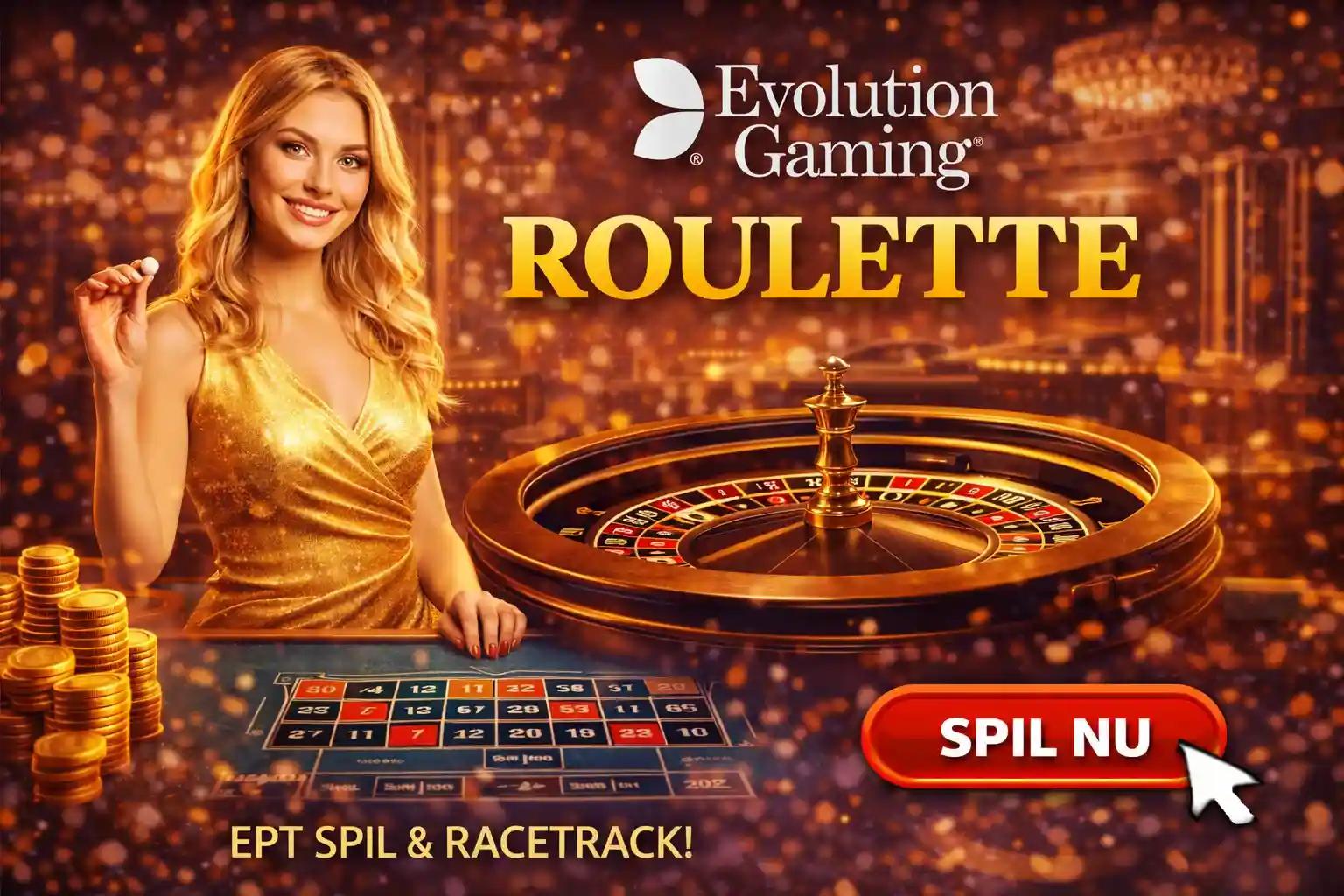 Smilende kvinde ved et roulettebord fra Evolution Gaming med teksten Spil Nu