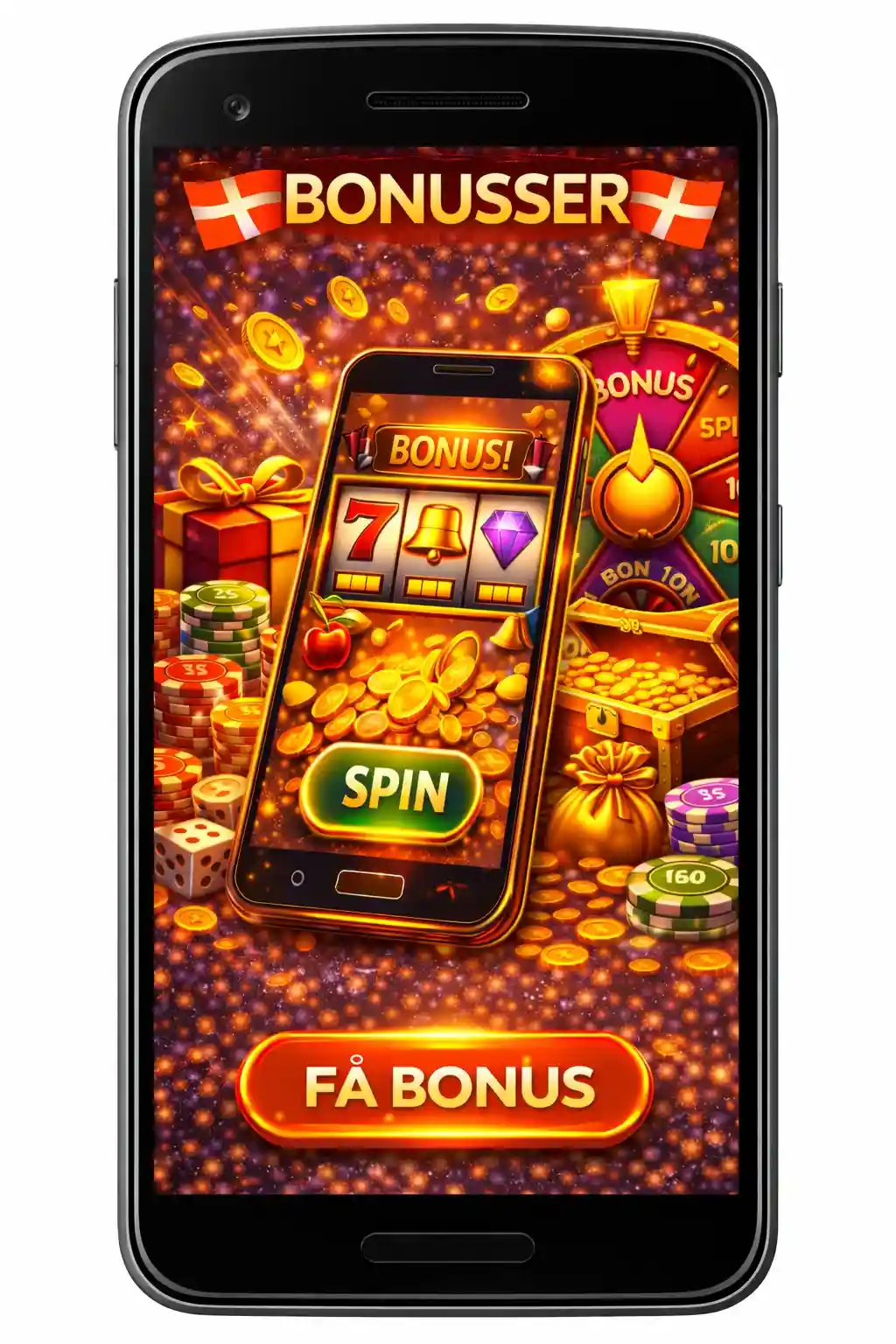Smartphone med jackpot spilleautomat og guld mønter i baggrunden