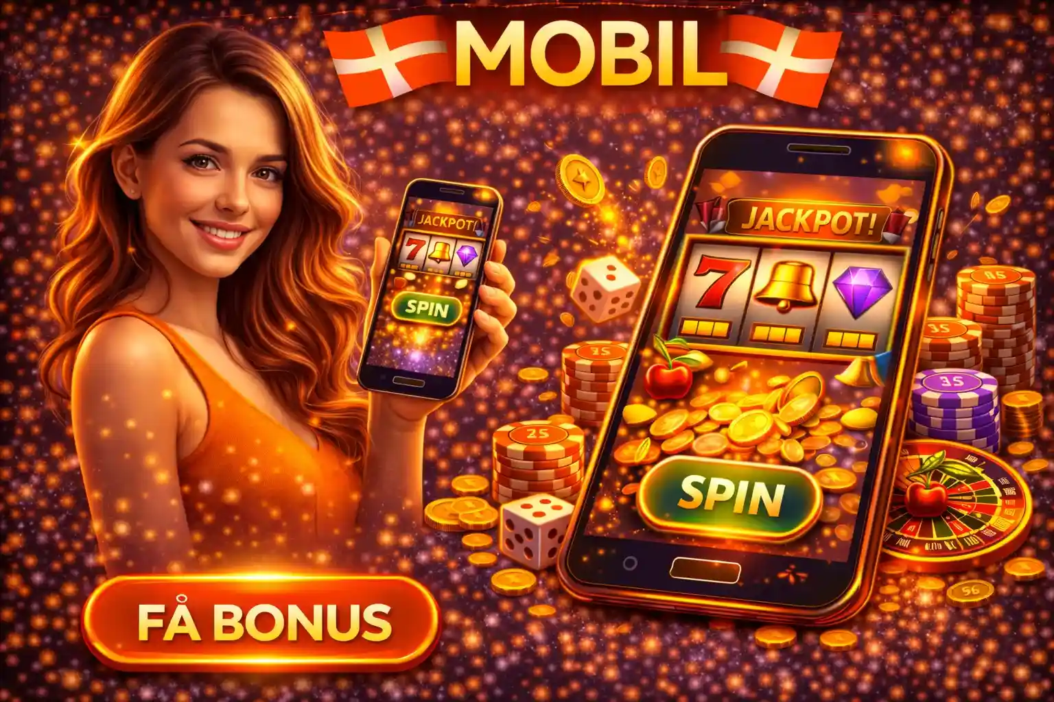 Smilende par med smartphone der viser en spilleautomat og teksten Få Bonus