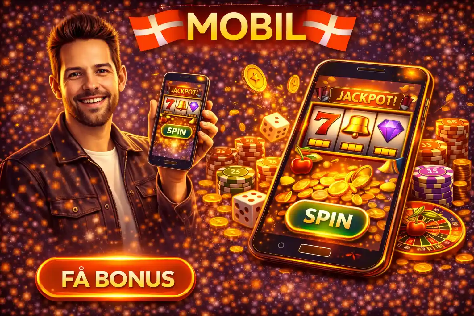 Glad mand holder en smartphone med en jackpot spilleautomat og teksten Få Bonus