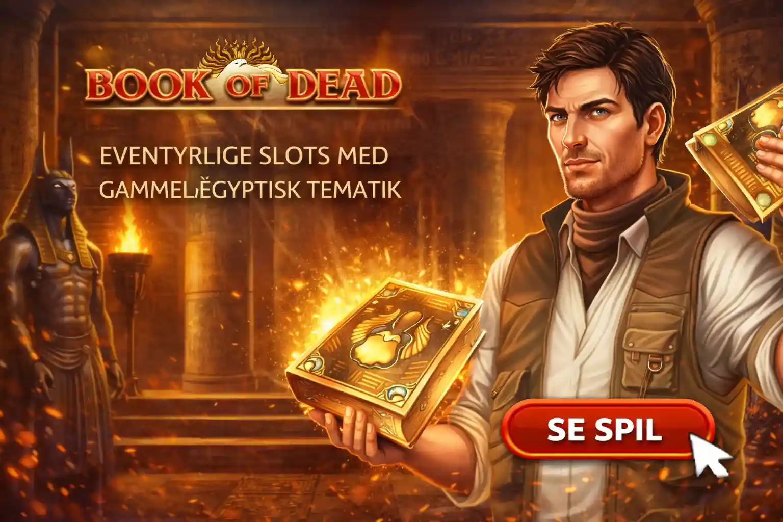 Rich Wilde holder bogen fra Book of Dead spilleautomaten i et egyptisk tempel