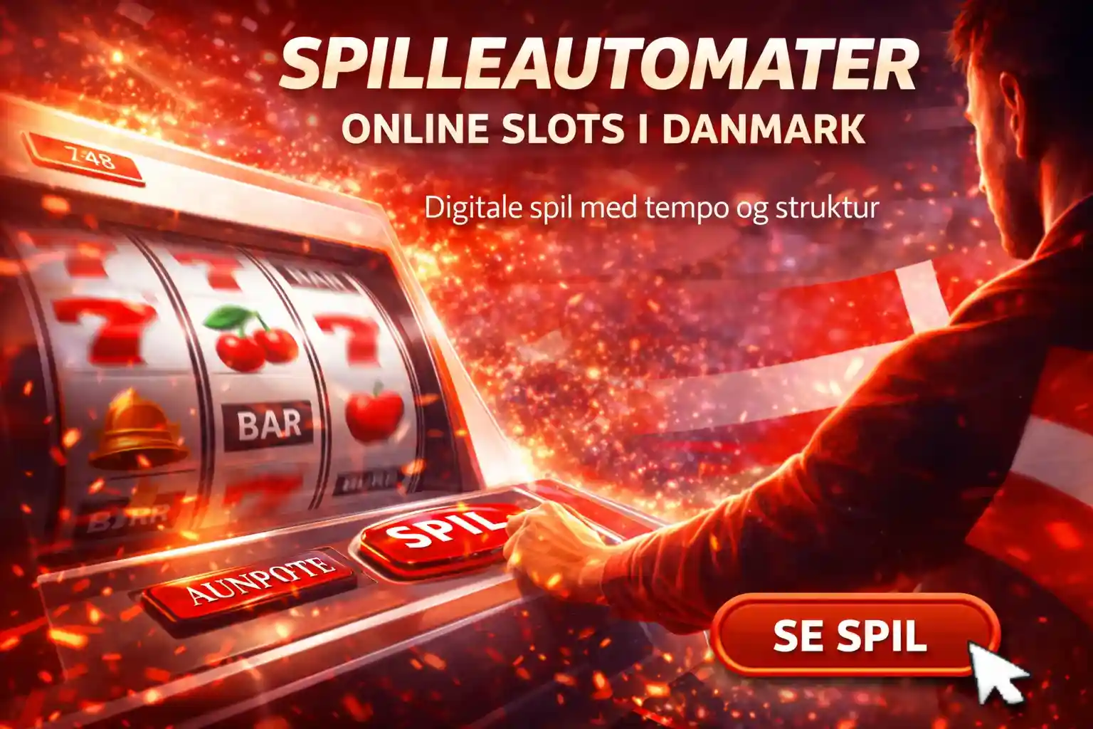 Mand spiller på en klassisk spilleautomat med frugter og 7-taller i Danmark