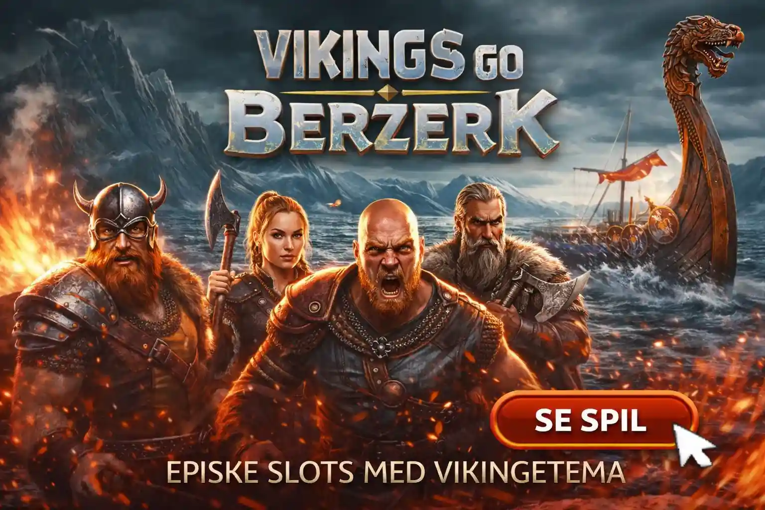 Fire vikinger klar til kamp i spilleautomaten Vikings Go Berzerk med skib i baggrunden