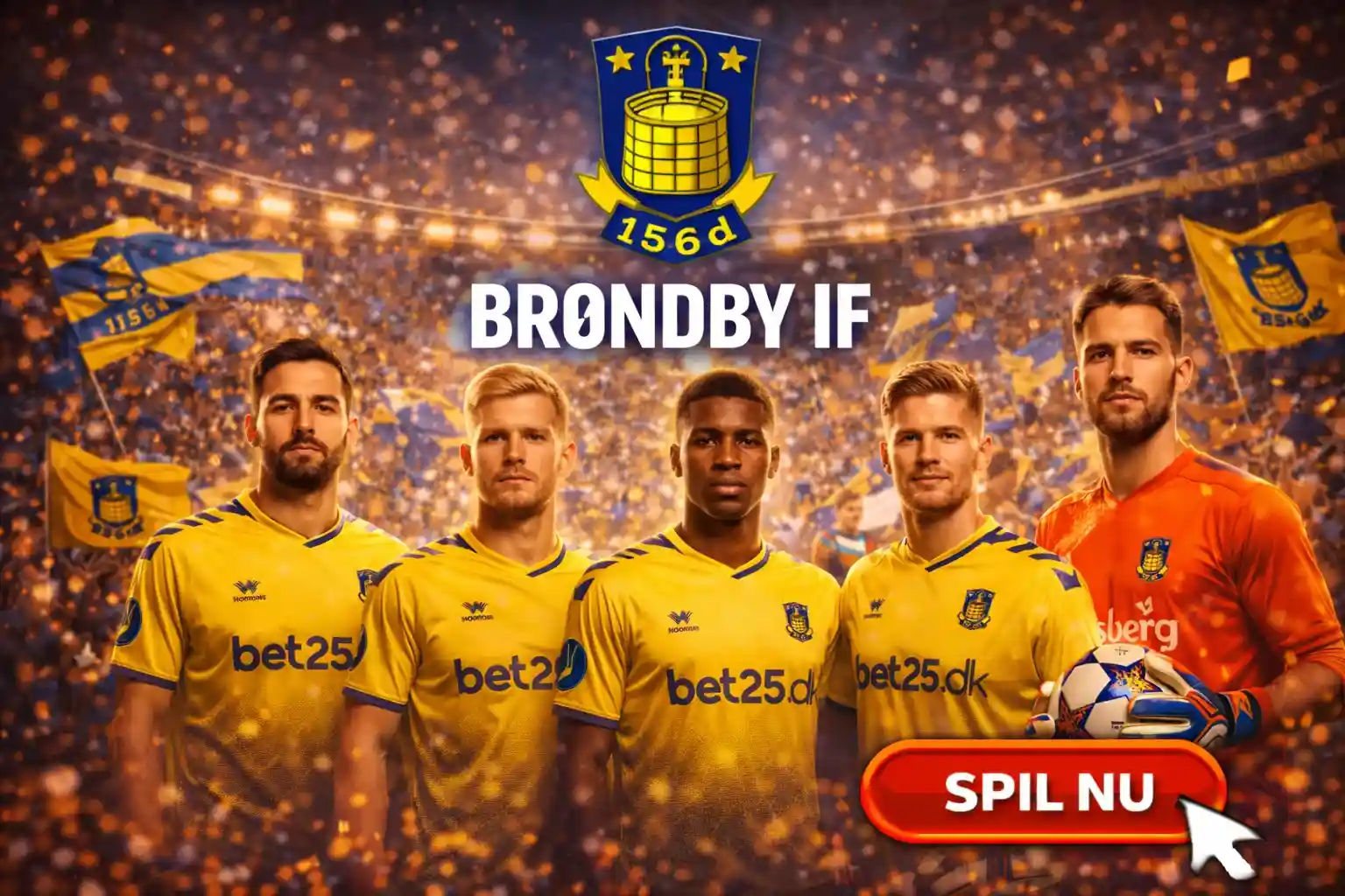 Fem Brøndby IF fodboldspillere i gule trøjer på et stadion med fans