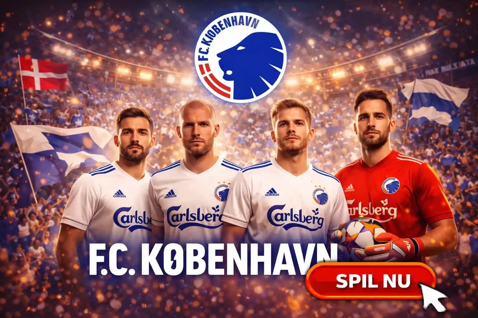 Fire F.C. København fodboldspillere i hvide trøjer med klublogo og danske flag