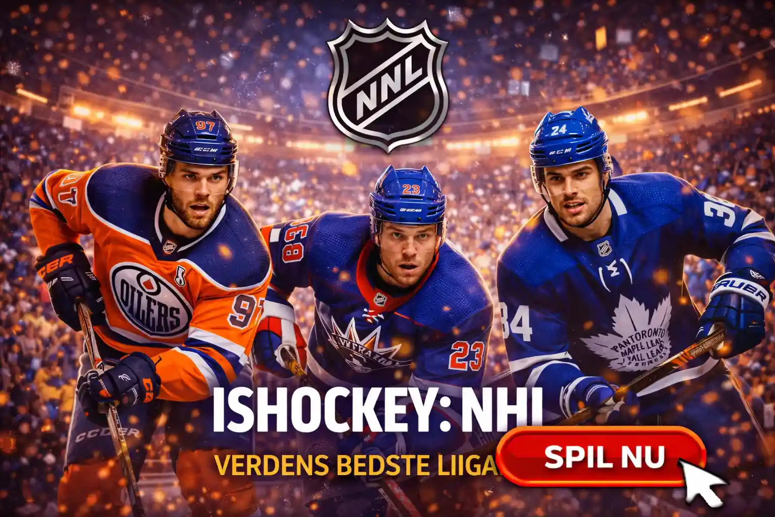 Tre ishockeyspillere fra NHL i aktion med logo og teksten Spil Nu